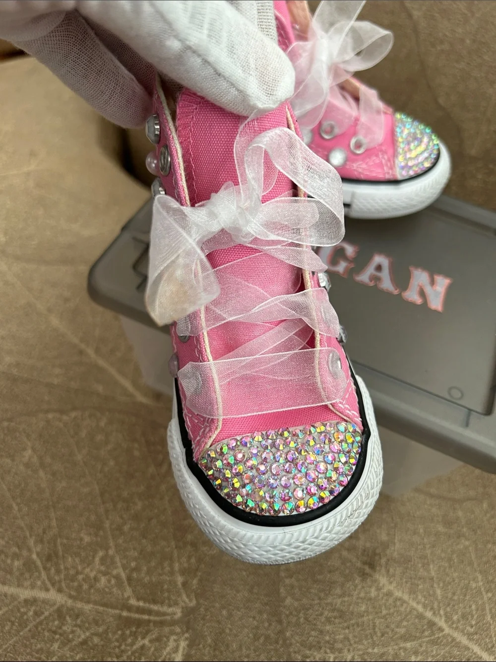 Converse Kids Pink High-Top Sneakers with Rhinestone Toe & Pearl Accents